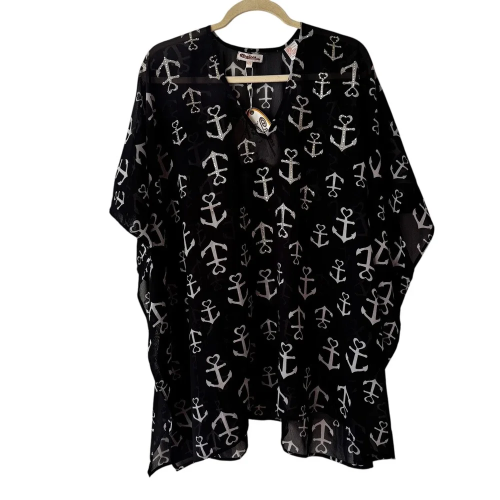 NWT‎ Zuécar Navy Anchor Heart Print Sheer Kimono Cover Up Kaftan Top F/S